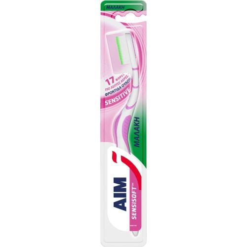 Aim Sensisoft Sensitive Toothbrush Χειροκίνητη Μαλακή Οδοντόβουρτσα με 17 Φορές πιο Λεπτές Άκρες για τη Φροντίδα των Ούλων 1 Τεμάχιο - Ροζ / Πράσινο